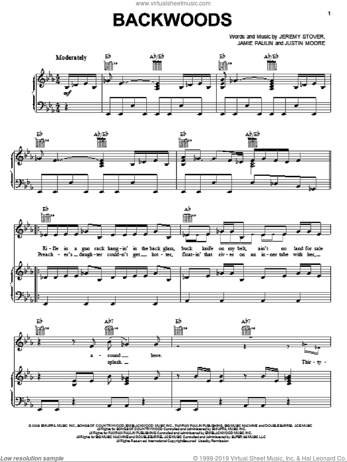 Backwoods sheet music for voice, piano or guitar by Justin Moore, Jamie Paulin and Jeremy Stover, intermediate skill level