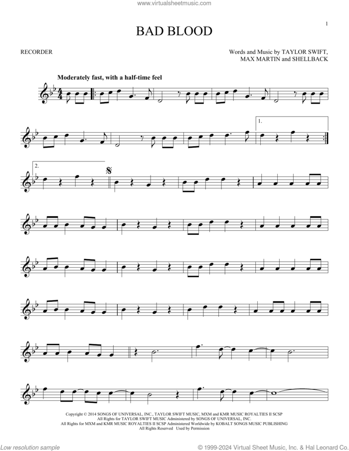 Bad Blood sheet music for recorder solo by Taylor Swift, Johan Schuster, Max Martin and Shellback, intermediate skill level