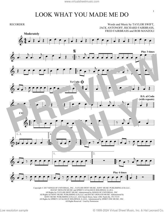 Look What You Made Me Do sheet music for recorder solo by Taylor Swift, Fred Fairbrass, Jack Antonoff, Richard Fairbrass and Rob Manzoli, intermediate skill level