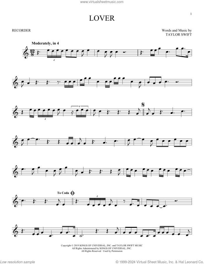 Lover sheet music for recorder solo by Taylor Swift, intermediate skill level