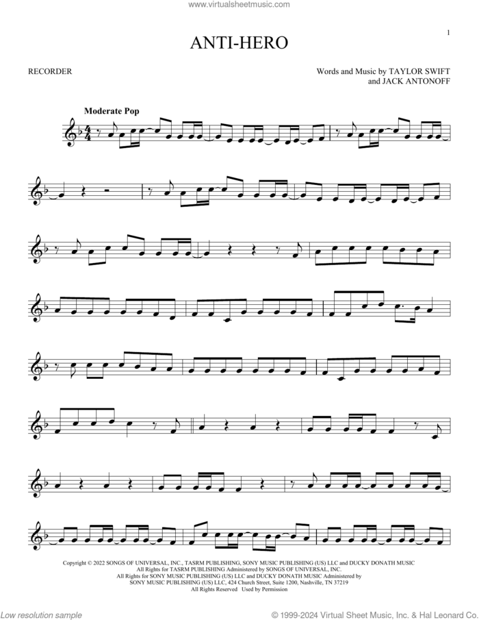 Anti-Hero sheet music for recorder solo by Taylor Swift and Jack Antonoff, intermediate skill level