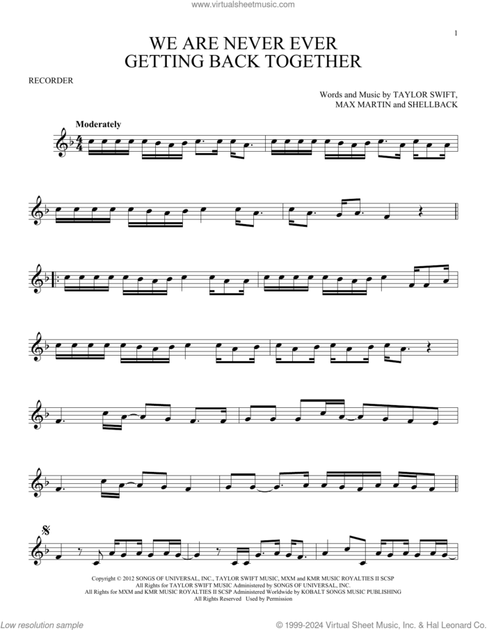 We Are Never Ever Getting Back Together sheet music for recorder solo by Taylor Swift, Max Martin and Shellback, intermediate skill level