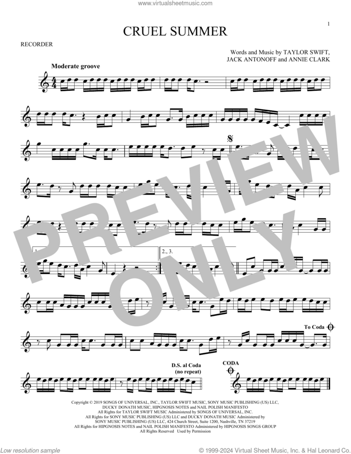 Cruel Summer sheet music for recorder solo by Taylor Swift, Annie Clark and Jack Antonoff, intermediate skill level