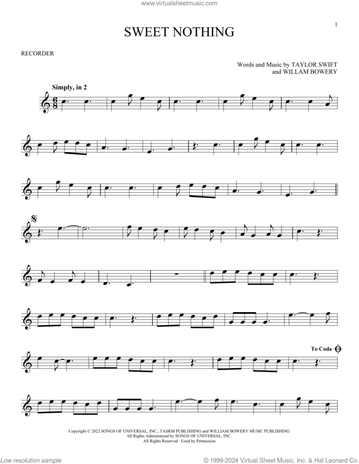 Sweet Nothing sheet music for recorder solo by Taylor Swift and William Bowery, intermediate skill level