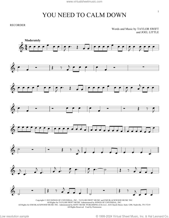 You Need To Calm Down sheet music for recorder solo by Taylor Swift and Joel Little, intermediate skill level