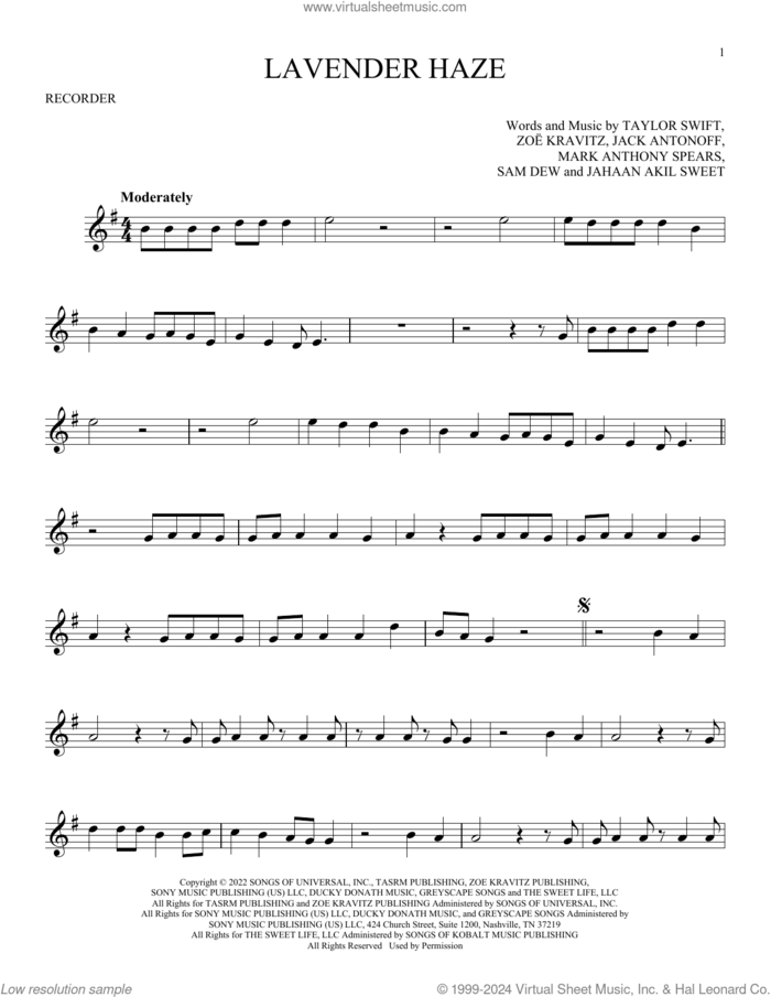 Lavender Haze sheet music for recorder solo by Taylor Swift, Jack Antonoff, Jahaan Akil Sweet, Mark Anthony Spears, Sam Dew and Zoe Kravitz, intermediate skill level