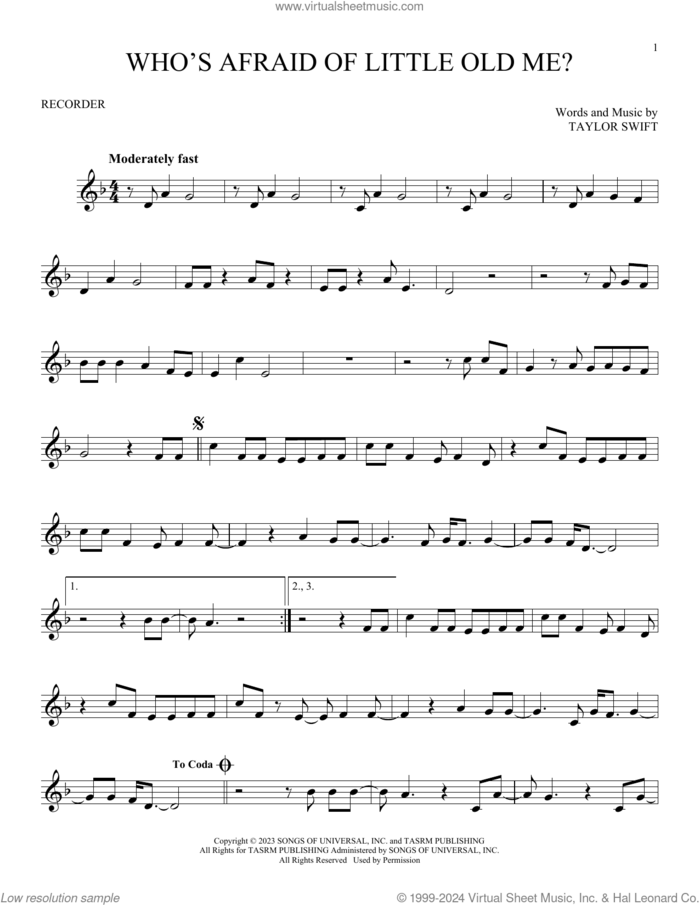 Who's Afraid of Little Old Me? sheet music for recorder solo by Taylor Swift, intermediate skill level