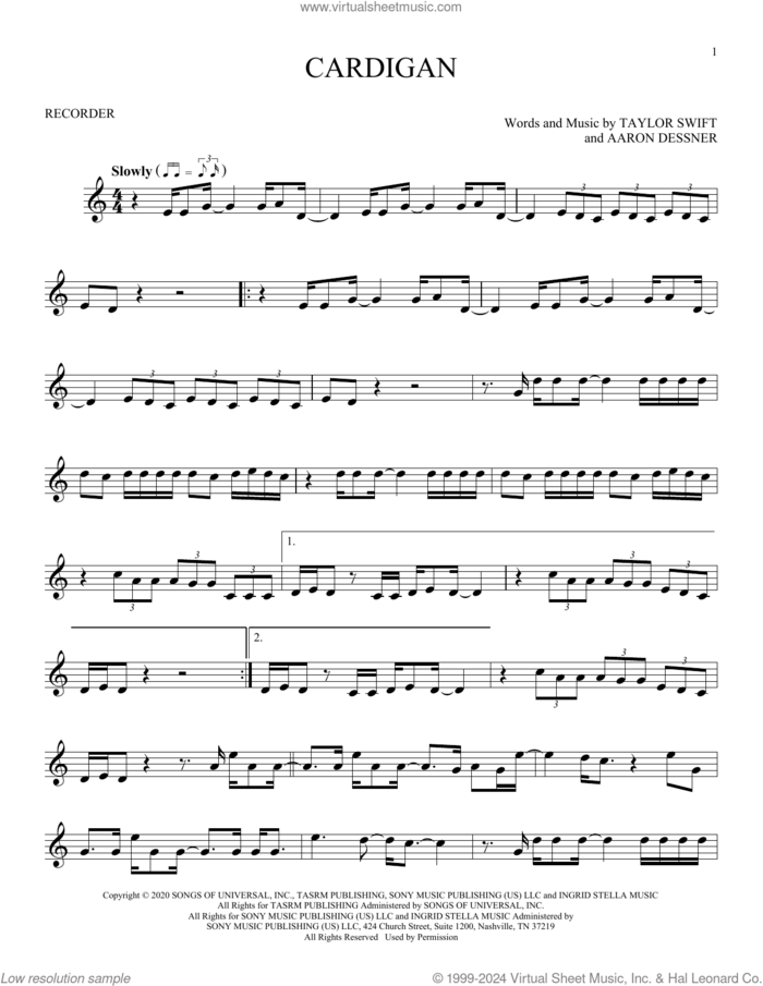 cardigan sheet music for recorder solo by Taylor Swift and Aaron Dessner, intermediate skill level