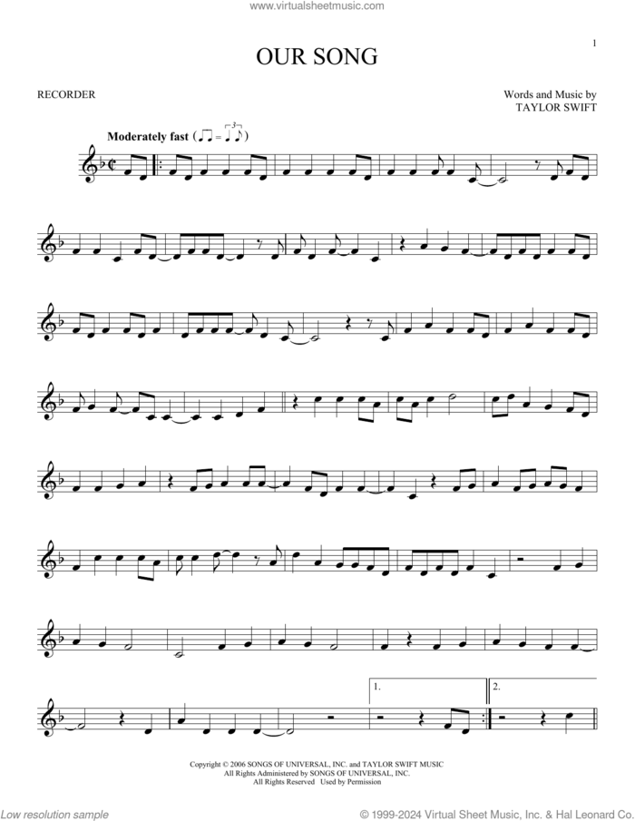 Our Song sheet music for recorder solo by Taylor Swift, intermediate skill level