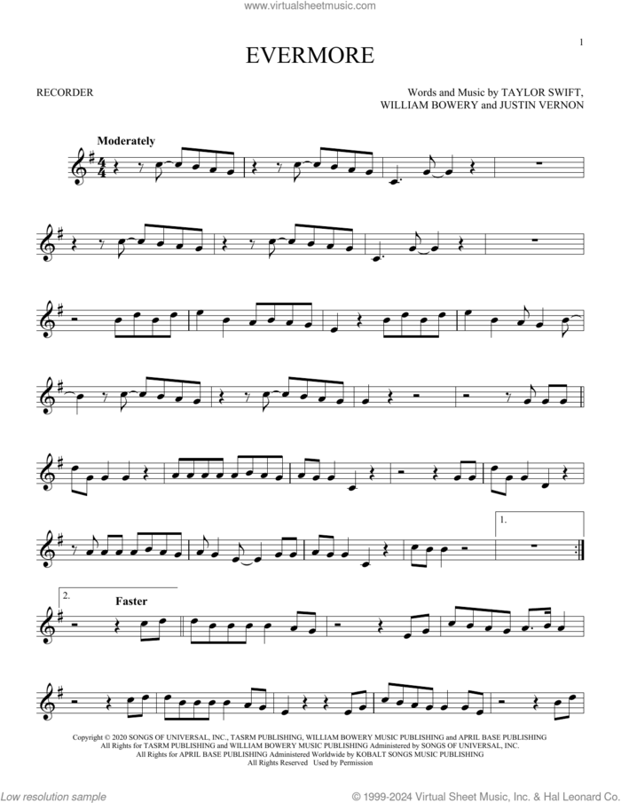 evermore (feat. Bon Iver) sheet music for recorder solo by Taylor Swift, Justin Vernon and William Bowery, intermediate skill level