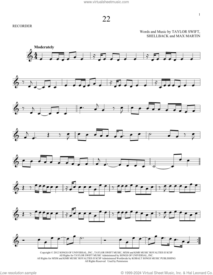 22 sheet music for recorder solo by Taylor Swift, Max Martin and Shellback, intermediate skill level