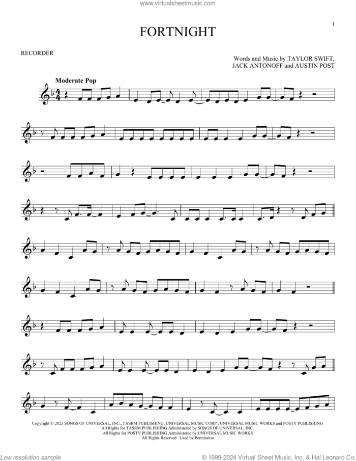 Fortnight (feat. Post Malone) sheet music for recorder solo by Taylor Swift, Austin Post and Jack Antonoff, intermediate skill level