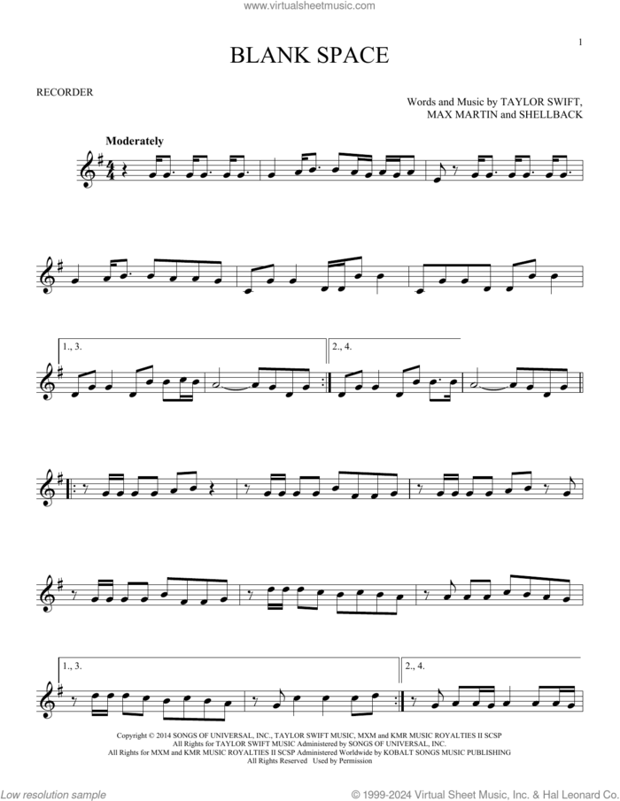 Blank Space sheet music for recorder solo by Taylor Swift, Johan Schuster, Max Martin and Shellback, intermediate skill level