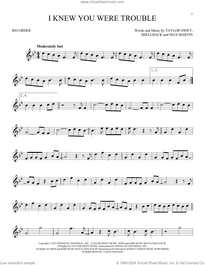 I Knew You Were Trouble sheet music for recorder solo by Taylor Swift, Max Martin and Shellback, intermediate skill level