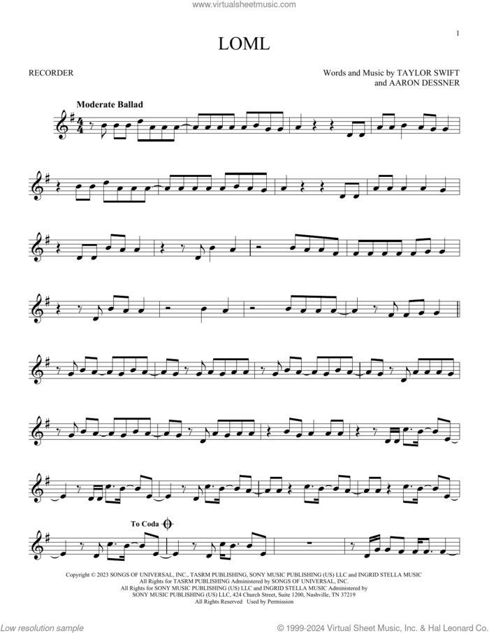 Loml sheet music for recorder solo by Taylor Swift and Aaron Dessner, intermediate skill level