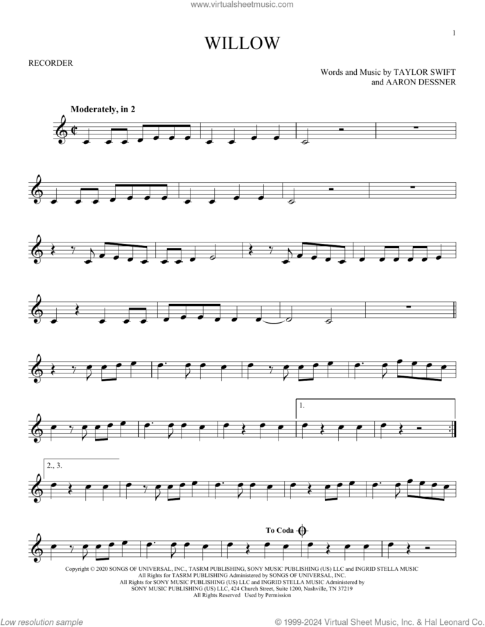 willow sheet music for recorder solo by Taylor Swift and Aaron Dessner, intermediate skill level