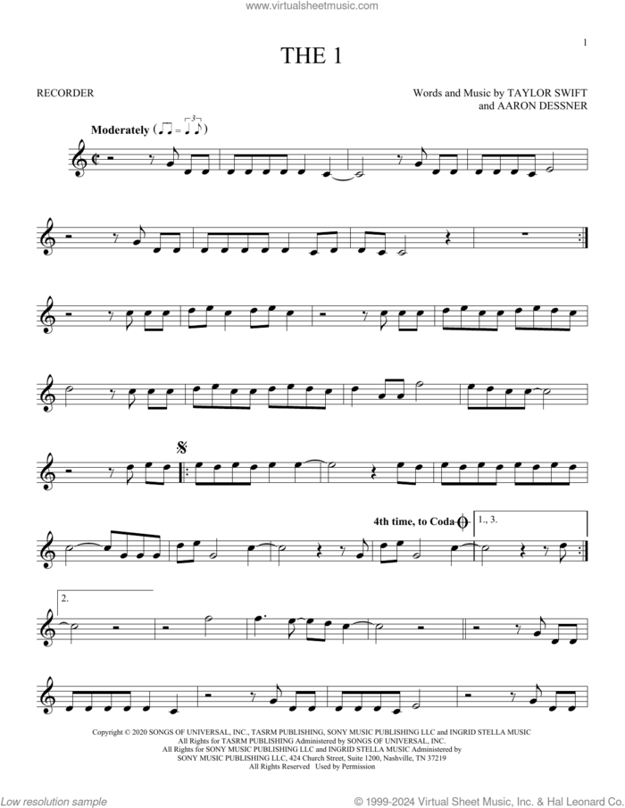 the 1 sheet music for recorder solo by Taylor Swift and Aaron Dessner, intermediate skill level