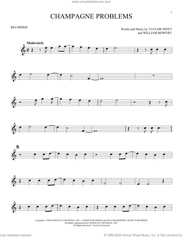 champagne problems sheet music for recorder solo by Taylor Swift and William Bowery, intermediate skill level