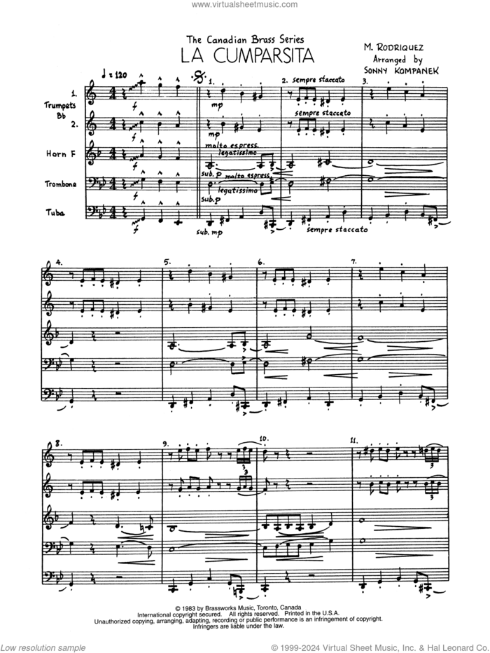 La Cumparsita (COMPLETE) sheet music for brass quintet by Canadian Brass, Gerardo Matos Rodriguez and Sonny Kompanek, classical score, intermediate skill level