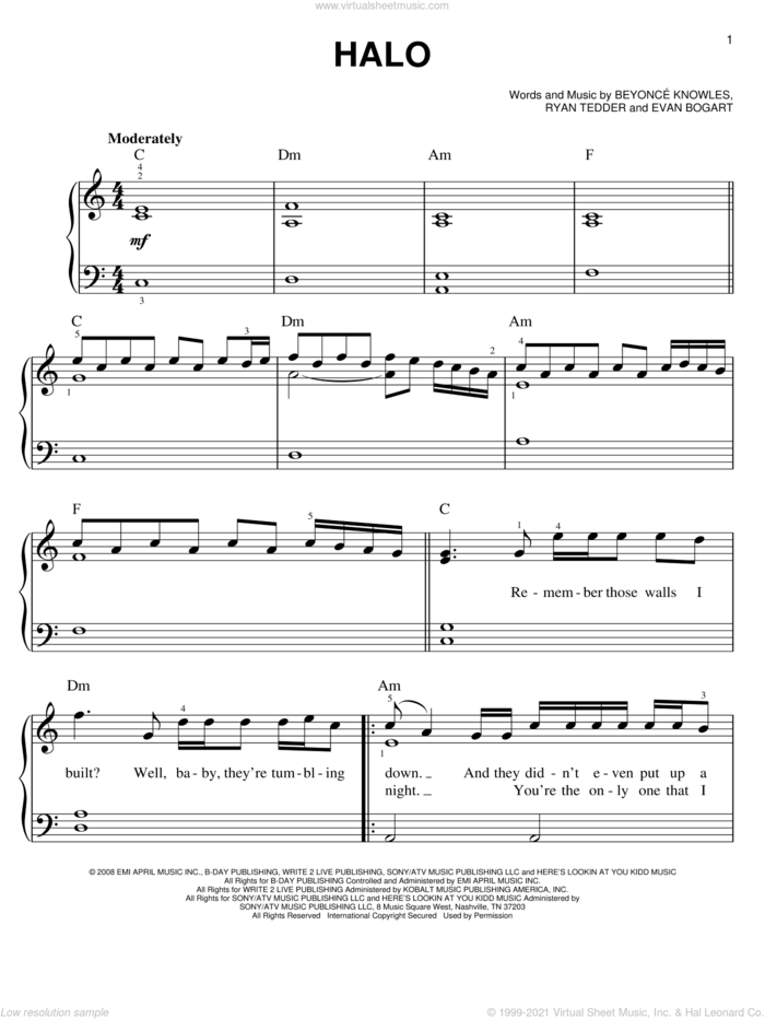 Halo, (easy) sheet music for piano solo by Beyonce, Evan Bogart and Ryan Tedder, easy skill level