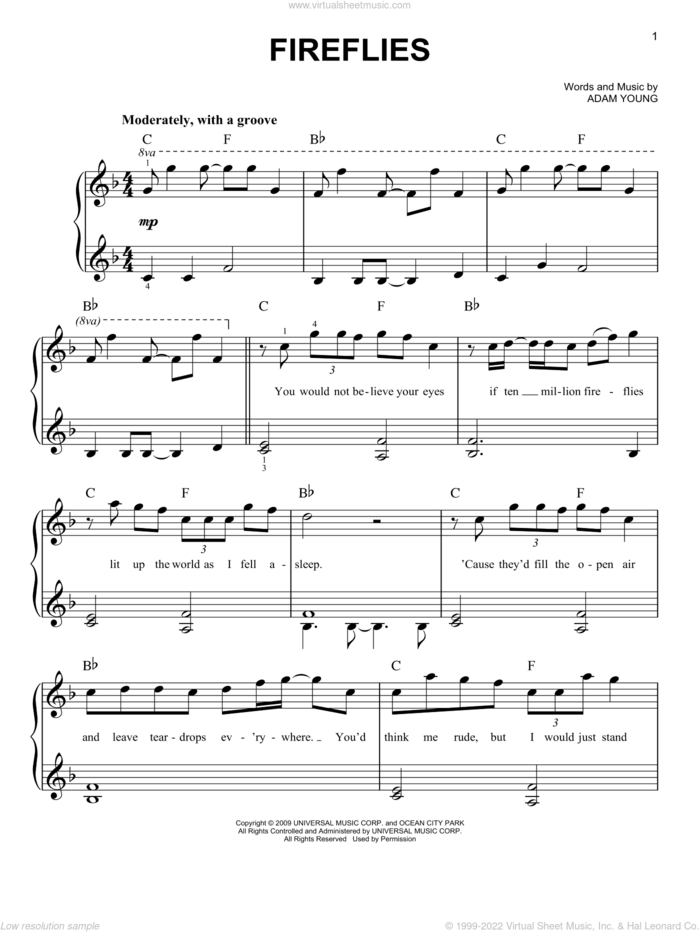 Fireflies, (easy) sheet music for piano solo by Owl City and Adam Young, easy skill level