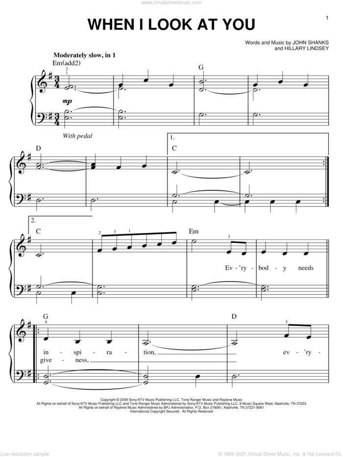 When I Look At You sheet music for piano solo by Miley Cyrus, Hillary Lindsey and John Shanks, easy skill level