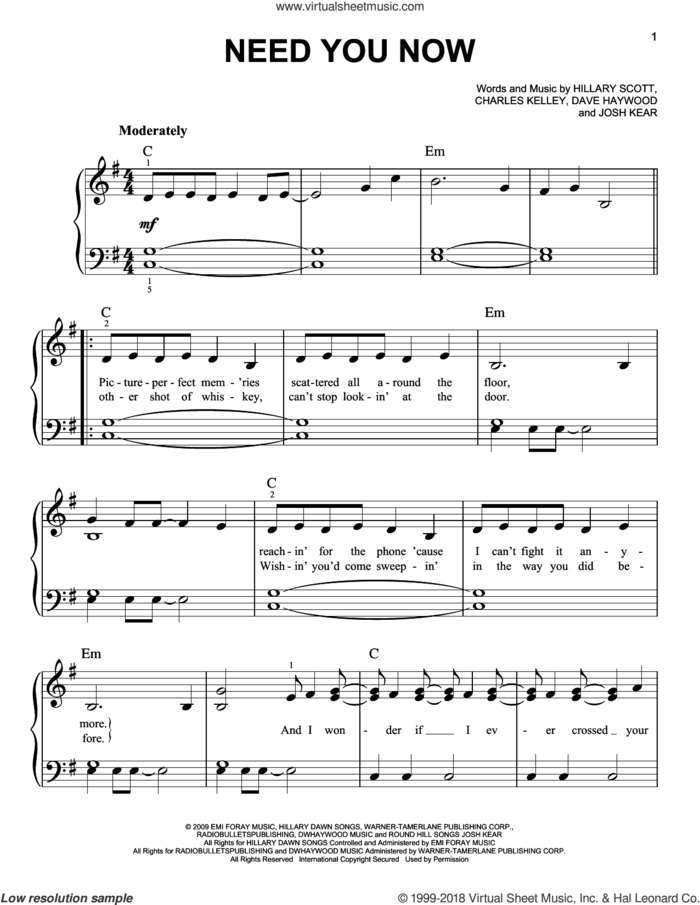 Need You Now sheet music for piano solo by Lady Antebellum, Lady A, Charles Kelley, Dave Haywood, Hillary Scott and Josh Kear, easy skill level