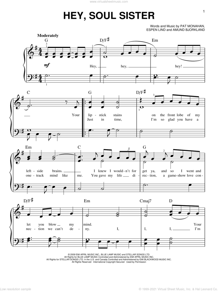 Hey, Soul Sister sheet music for piano solo by Glee Cast, Miscellaneous, Train, Amund Bjorklund, Espen Lind and Pat Monahan, easy skill level