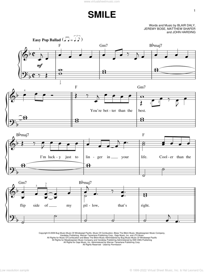 Smile sheet music for piano solo by Uncle Kracker, Blair Daly, Jeremy Bose, John Harding and Matthew Shafer, easy skill level