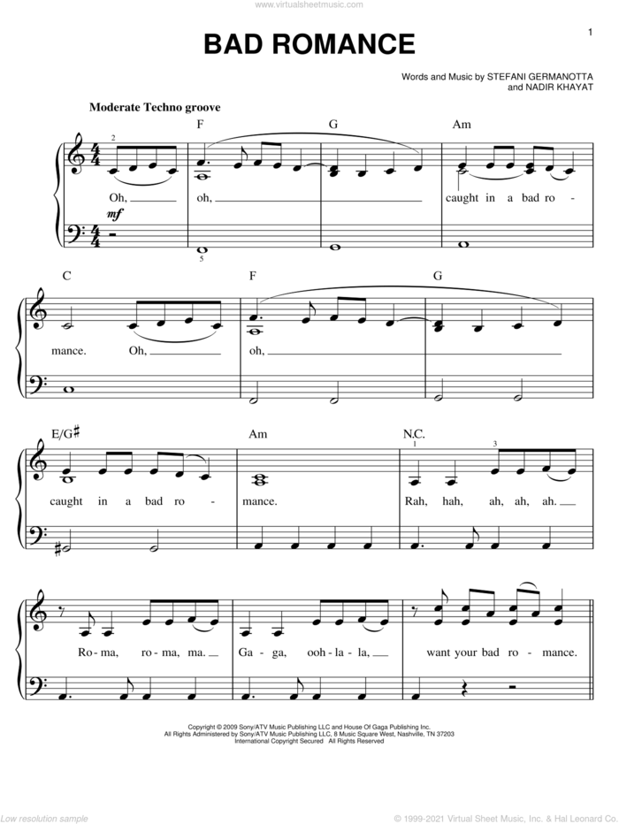 Bad Romance, (easy) sheet music for piano solo by Lady GaGa, Miscellaneous and Nadir Khayat, easy skill level
