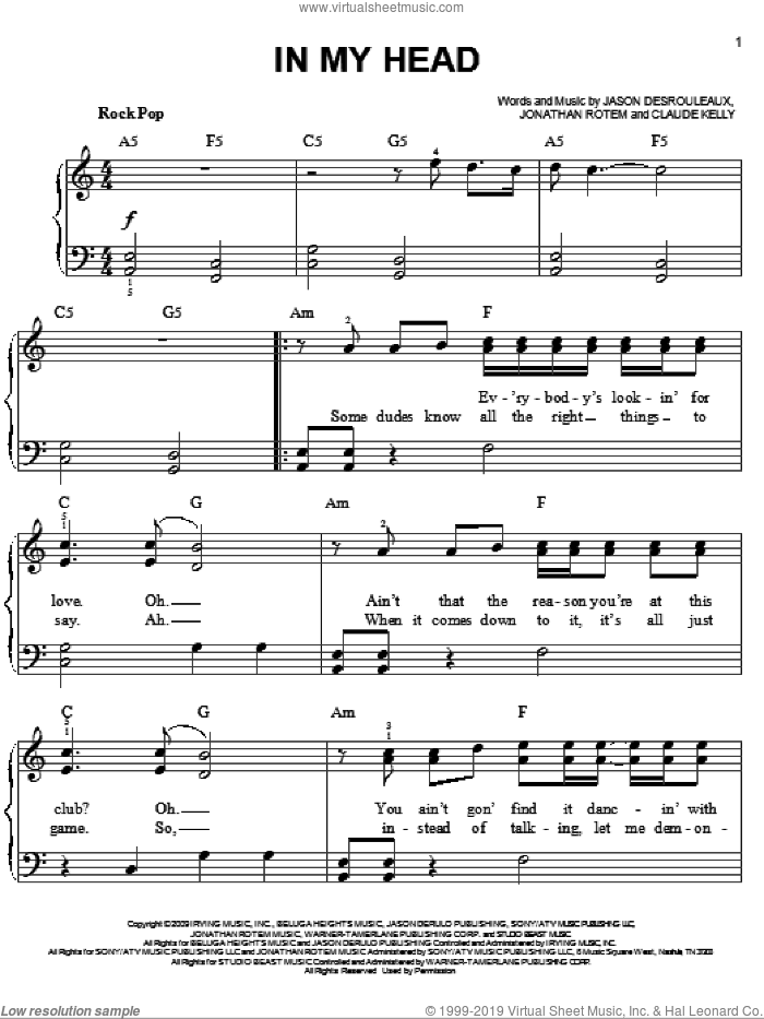 In My Head sheet music for piano solo by Jason Derulo, Claude Kelly, Jason Desrouleaux and Jonathan Rotem, easy skill level