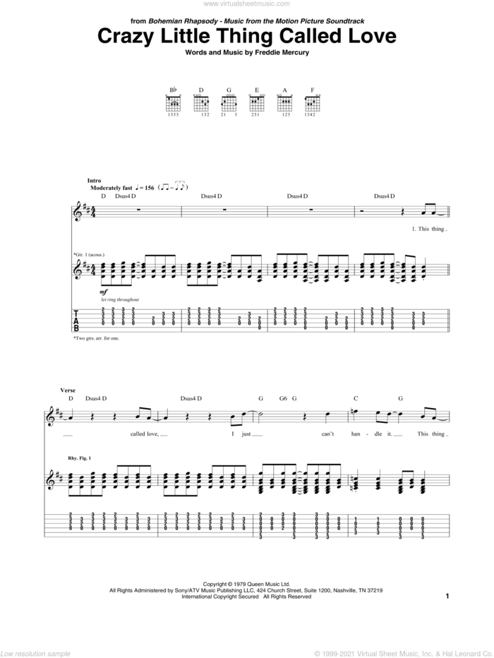 Crazy Little Thing Called Love sheet music for guitar (tablature) by Queen and Freddie Mercury, intermediate skill level