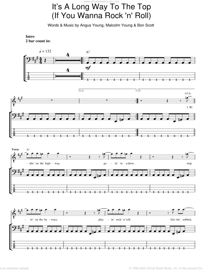 It's A Long Way To The Top (If You Wanna Rock 'N' Roll) sheet music for bass (tablature) (bass guitar) by AC/DC, Angus Young, Bon Scott and Malcolm Young, intermediate skill level