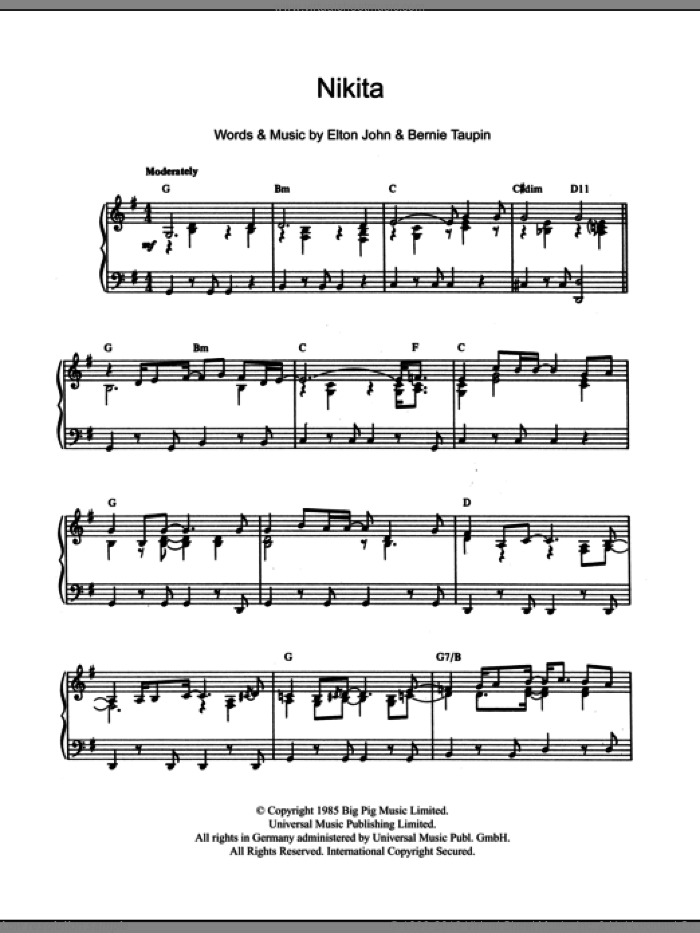 Nikita, (intermediate) sheet music for piano solo by Elton John and Bernie Taupin, intermediate skill level