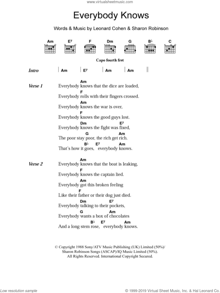 Everybody Knows sheet music for guitar (chords) by Leonard Cohen and Sharon Robinson, intermediate skill level