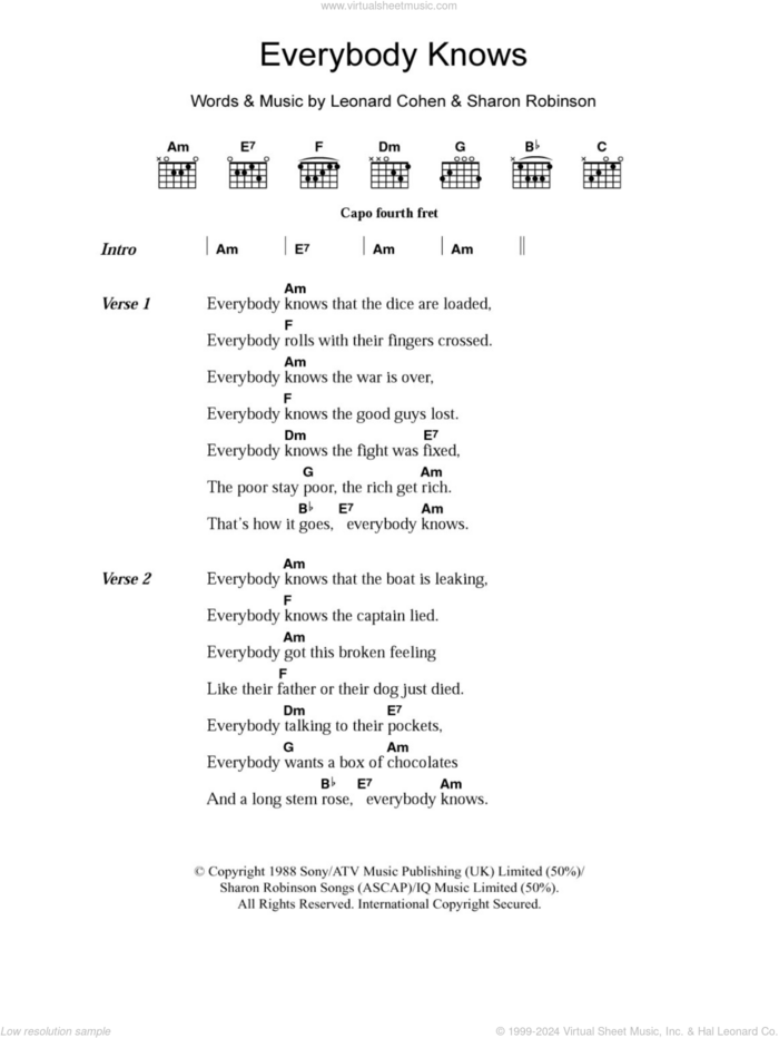 Everybody Knows sheet music for guitar (chords) by Leonard Cohen and Sharon Robinson, intermediate skill level