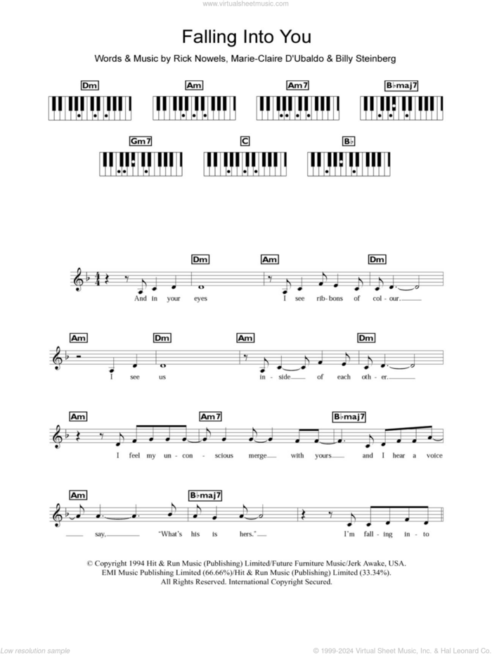 Falling Into You sheet music for piano solo (chords, lyrics, melody) by Celine Dion, Billy Steinberg and Rick Nowels, intermediate piano (chords, lyrics, melody)