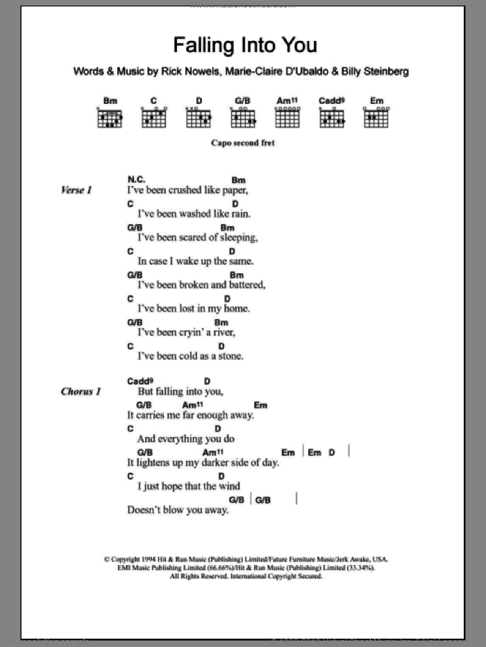 Falling Into You sheet music for guitar (chords) by Celine Dion, Billy Steinberg and Rick Nowels, intermediate skill level