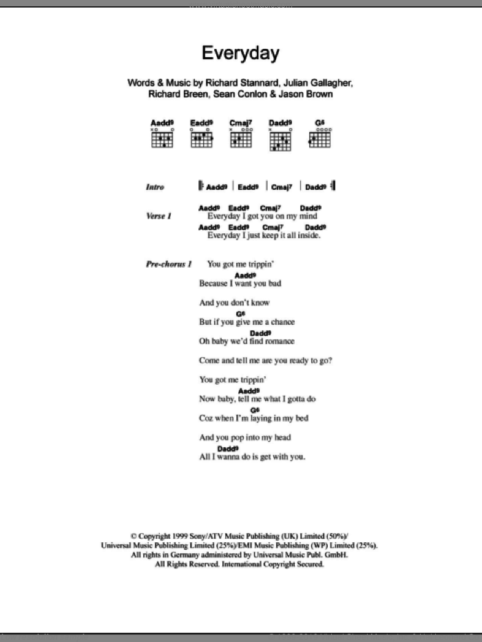 Everyday sheet music for guitar (chords) by Ben Folds Five, Jason Brown, Julian Gallagher, Richard Breen, Richard Stannard and Sean Conlon, intermediate skill level
