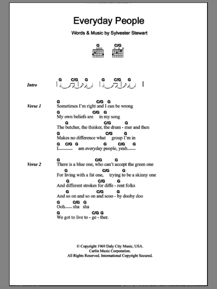 Everyday People sheet music for guitar (chords) by Sly And The Family Stone and Sylvester Stewart, intermediate skill level