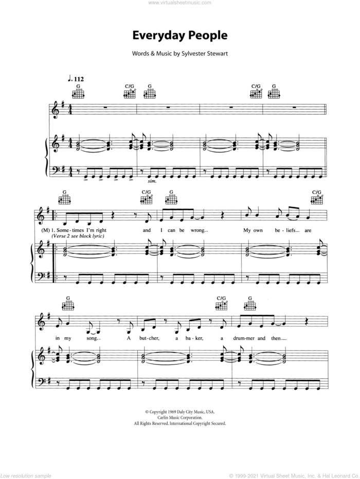 Everyday People sheet music for voice, piano or guitar by Sly And The Family Stone and Sylvester Stewart, intermediate skill level