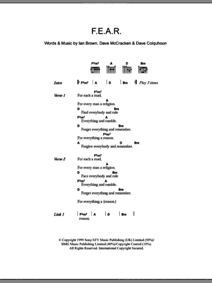 F.E.A.R. sheet music for guitar (chords) by Ian Brown, Dave Colquhoun and Dave McCracken, intermediate skill level