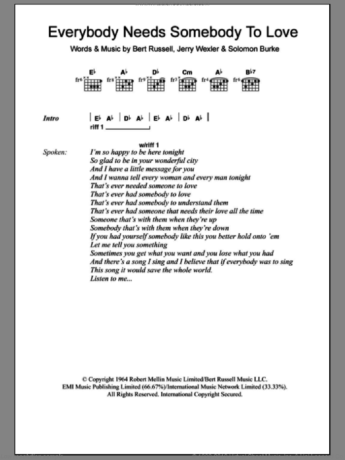 Everybody Needs Somebody To Love sheet music for guitar (chords) by Solomon Burke, Bert Russell and Jerry Wexler, intermediate skill level