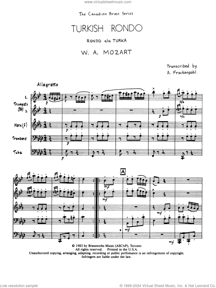 Turkish Rondo (COMPLETE) sheet music for brass ensemble by Wolfgang Amadeus Mozart, Arthur Frackenpohl and Canadian Brass, classical score, intermediate skill level