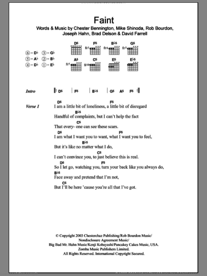 Faint sheet music for guitar (chords) by Linkin Park, Brad Delson, Chester Bennington, David Farrell, Joseph Hahn, Mike Shinoda and Rob Bourdon, intermediate skill level