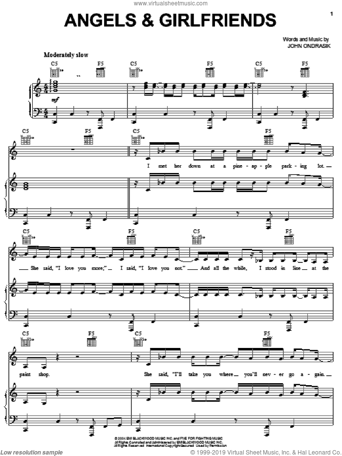 Angels and Girlfriends sheet music for voice, piano or guitar by Five For Fighting and John Ondrasik, intermediate skill level