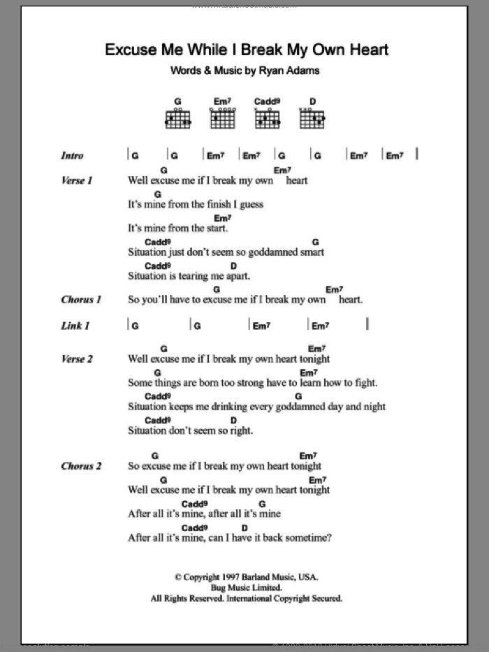 Excuse Me While I Break My Own Heart Tonight sheet music for guitar (chords) by Whiskeytown and Ryan Adams, intermediate skill level