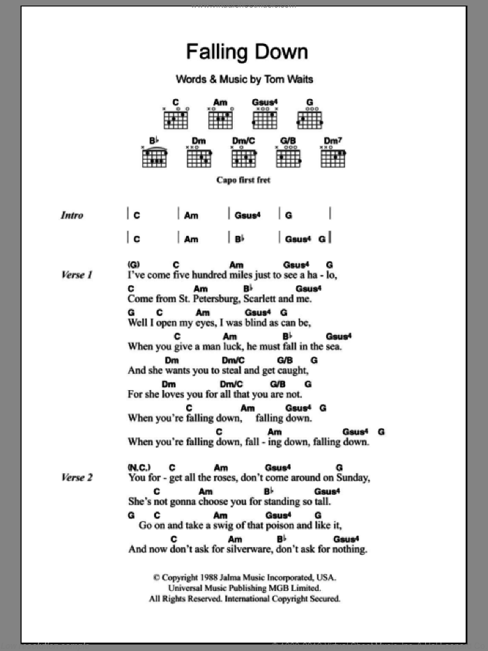 Falling Down sheet music for guitar (chords) by Tom Waits, intermediate skill level
