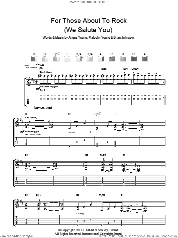 For Those About To Rock (We Salute You) sheet music for guitar (tablature) by AC/DC, Angus Young, Brian Johnson and Malcolm Young, intermediate skill level