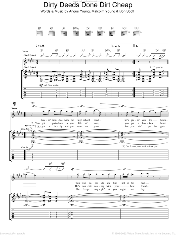 Dirty Deeds Done Dirt Cheap sheet music for guitar (tablature) by AC/DC, Angus Young, Bon Scott and Malcolm Young, intermediate skill level